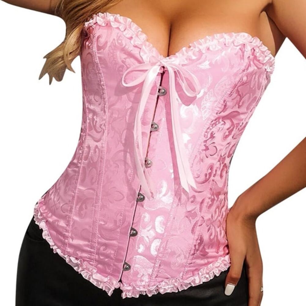 Pink Floral Jacquard Bustier Lace Up Corset Top Ruffle Hem Castle Fairy Small